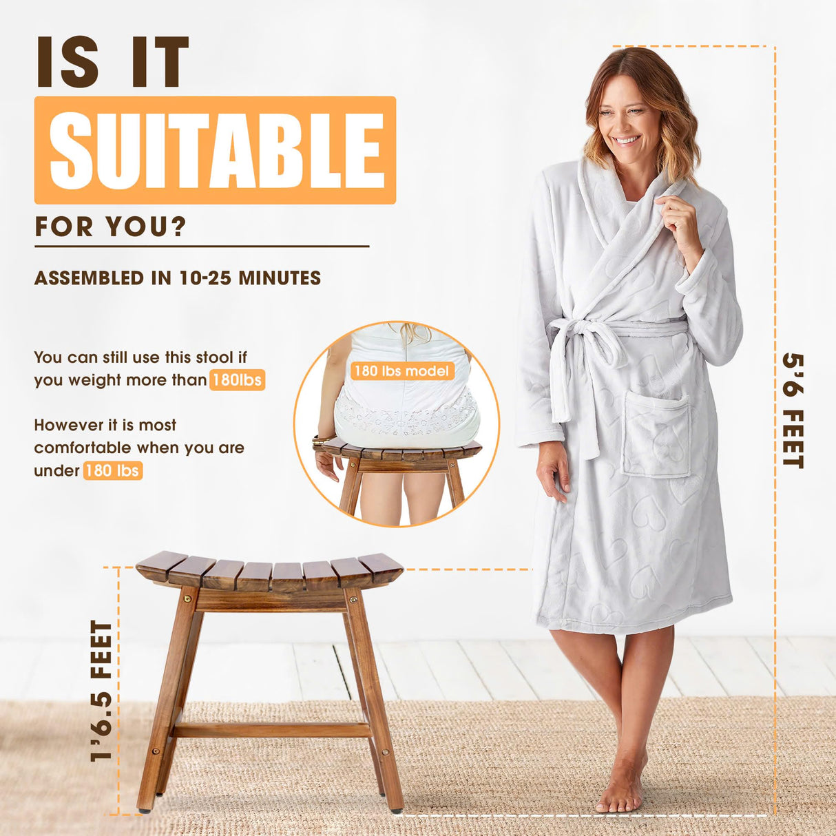 Acacia Shower Stool Bench Chair for Inside Shower to sit on, 18 Inches Shaving Legs Bench, Spa, Bath Seat, Waterproof Inside Shower Bench for Adults Seniors Elderly (18 in Original) ENKEZI