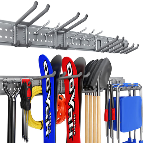 ZICANYCO Garage Tool Organizer Wall Mount 48 inches with 10 Adjustable Heavy-Duty Hooks, Garage Organization, Garden Tool Storage Rack, Yard, and Shed, Holds Up to 400 lbs (Grey) ZICANYCO