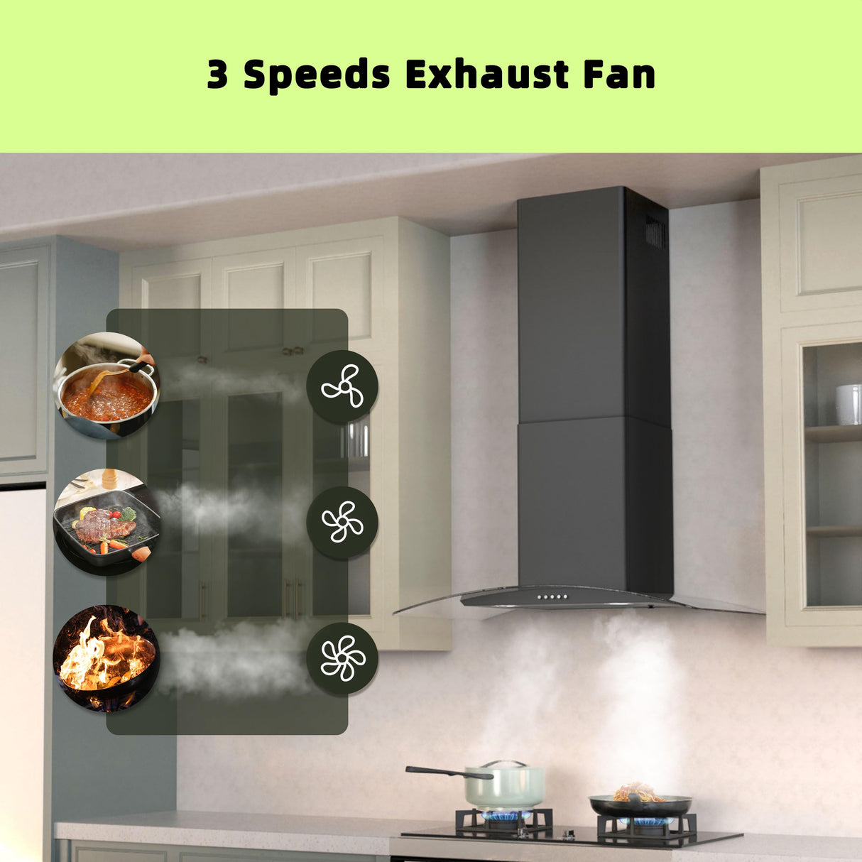 FIREGAS Wall Mount Range Hood 30 inch with 3 Speed Fan,black range hood with tempered glass,400CFM,Push Button Controls, LED Lighting, Permanent Filters in Stainless Steel,includes 2 Charcoal Filters FIREGAS