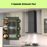 FIREGAS Wall Mount Range Hood 30 inch with 3 Speed Fan,black range hood with tempered glass,400CFM,Push Button Controls, LED Lighting, Permanent Filters in Stainless Steel,includes 2 Charcoal Filters FIREGAS