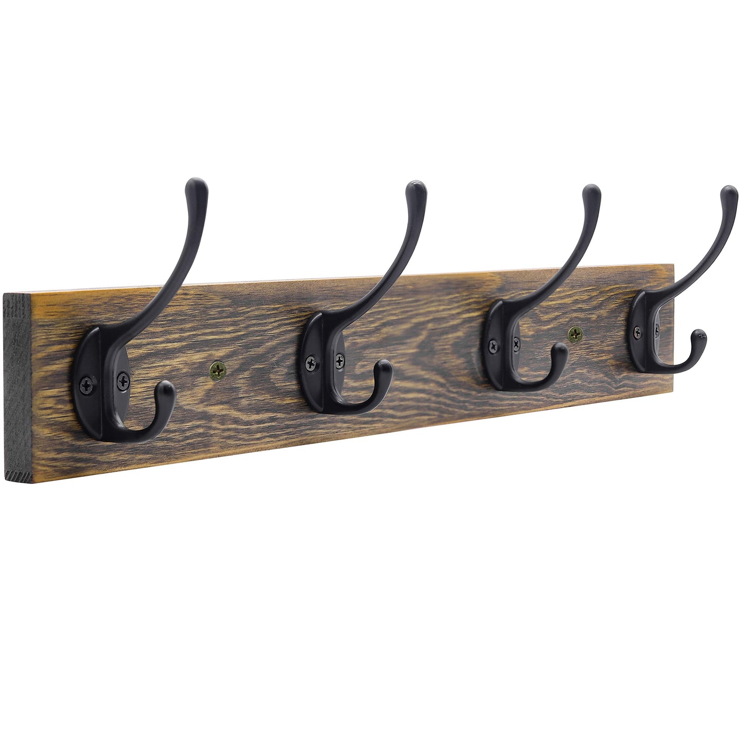 IBosins Wall Mounted Coat Rack, Entryway Hanging , Metal Wood Rack with 4 Black Literary Rustic Hooks Rail for Scarf, Bag, Towel, Key, Cap, Cup, Hat (Brown)