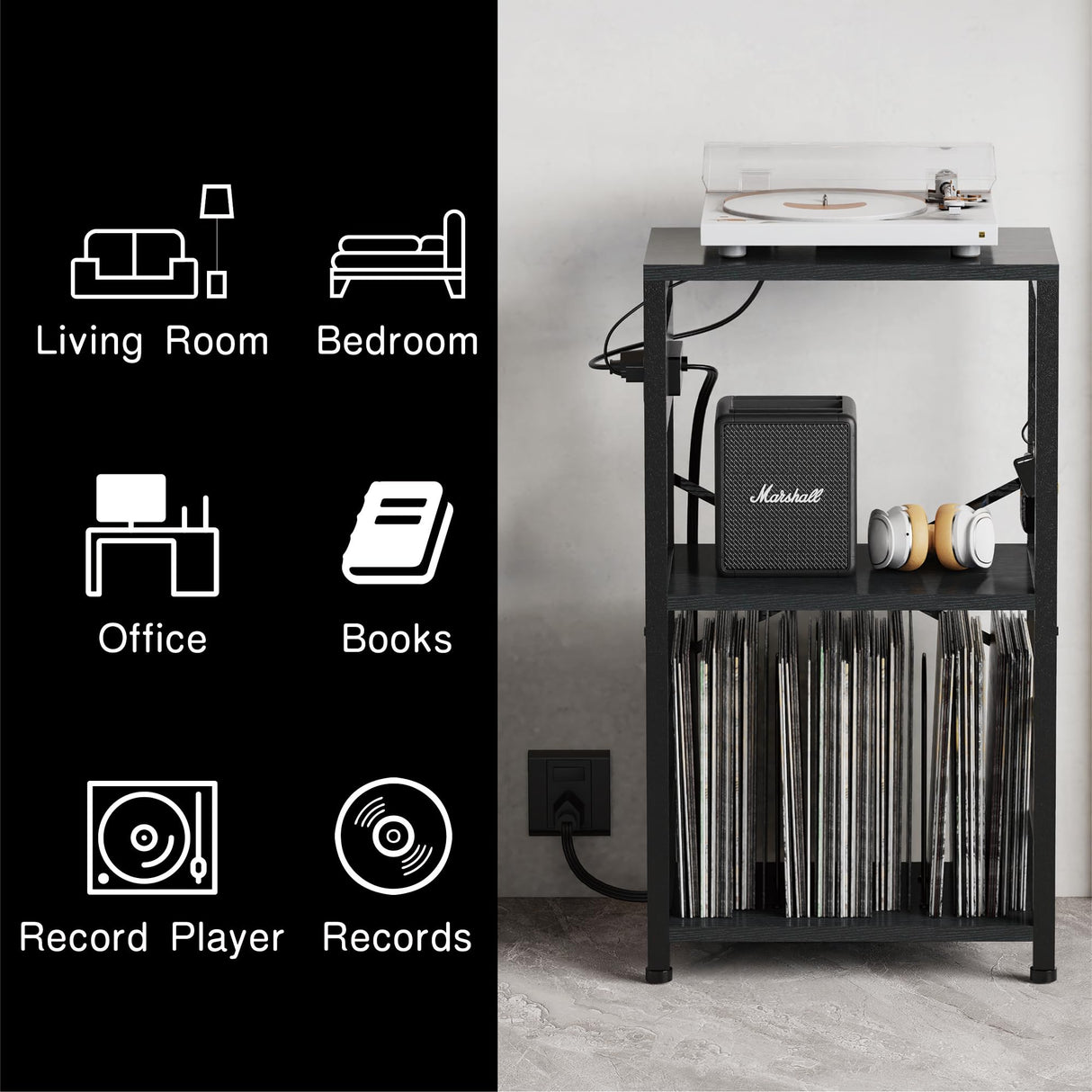 YAKANJ End Table with LED Light,Record Player Stand with Charging Station,Vinyl Records Storage,Turntable Stand Albums Storage for Music Room Studio-Industry Black YAKANJ