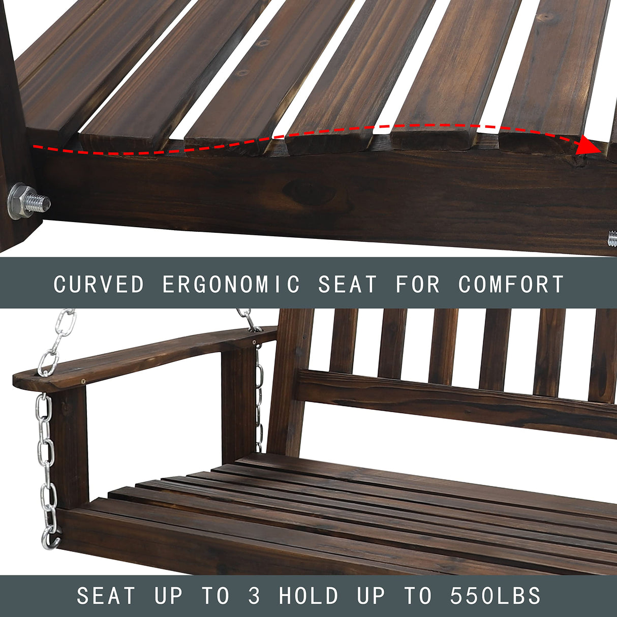 MUPATER Outdoor Patio Hanging Wooden Porch Swing 4FT with Chains, 2-Person Heavy Duty Swing Bench for Garden and Backyard, Rustic MUPATER