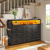 EnHomee 55" Dresser & TV Stand with 10 Fabric Drawers, Wooden Open Shelves, Power Outlets & LED Lights, Multi-Functional Storage Unit for Bedroom, Closet, Black EnHomee