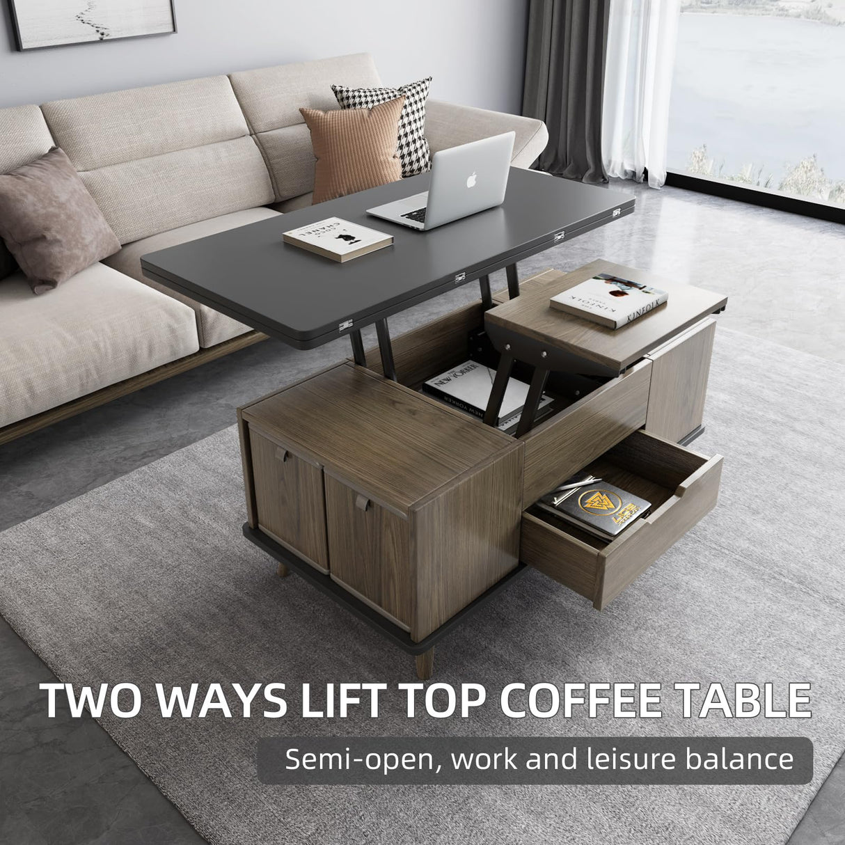 Guyii 38.97" Lift-Top Coffee Table with 4 Stools, 3-in-1 Multi-Functional Center Table, Expandable Dining Table for Living Room, Lift Tabletop Coffee Table with Hidden Storage Compartment, Grey Guyii