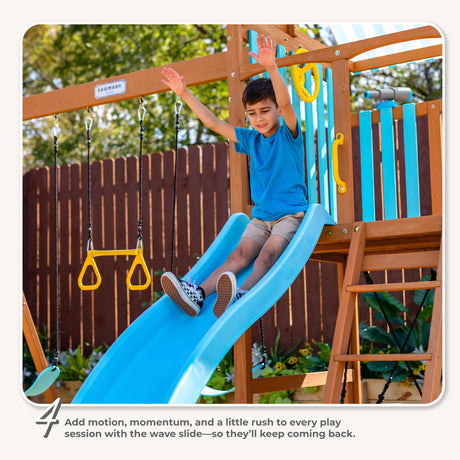 Teamson Kids Wooden Swing Sets for Backyard Outdoor Playset with Slide Rock Wall Trapeze Bar Fireman Pole Pirate Wheel Kids Playground with Swingset Holds 9 Children Ages 3 to 10 Teamson Kids