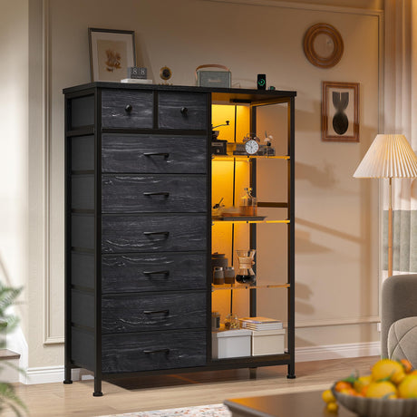 EnHomee 54" H Dresser for Bedroom with LED Lights & Power Outlets Dresser with 8 Drawers Fabric Dressers & Chests of Drawers for Bedroom, Sturdy Metal Frame, Acrylic Plates (Charcoal Black) EnHomee