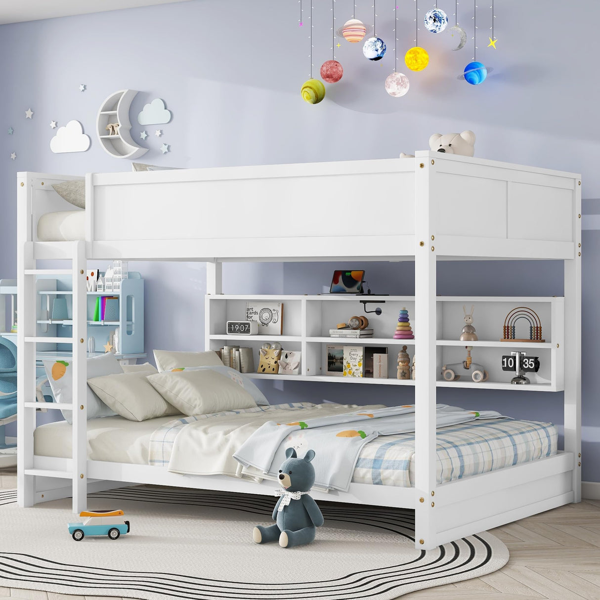 Harper & Bright Designs Queen Over Queen Bunk Bed with Built-in Storage Cabinets, Charging Station, Ladder and Safety Guardrails, Solid Pine Wood Bunk Bed, White Harper & Bright Designs