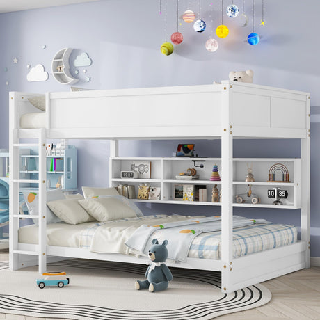 Harper & Bright Designs Queen Over Queen Bunk Bed with Built-in Storage Cabinets, Charging Station, Ladder and Safety Guardrails, Solid Pine Wood Bunk Bed, White Harper & Bright Designs