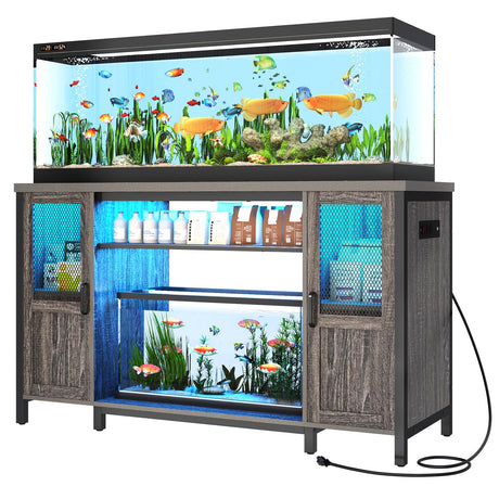 Hlivelood 55-75 Gallon Fish Tank Stand with Power Outlet&LED Lights, Heavy Duty Metal Aquarium Stand for 2 Fish Tank Accessories Storage, Suit for Turtle Tank, Reptile Terrarium, 880lbs Capacity, Grey Hlivelood