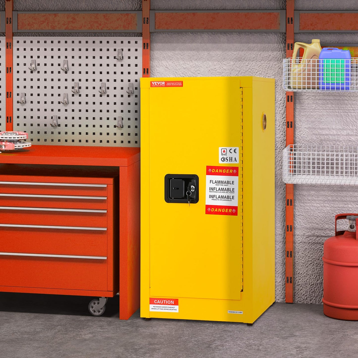 VEVOR Flammable Storage Cabinet, 16 Gal Capacity, Made of Cold-Rolled Steel, Measures 18 x 18 x 35.4 inches, Single Door, Explosion-Resistant, Meets NFPA Code 30 and OSHA Standards