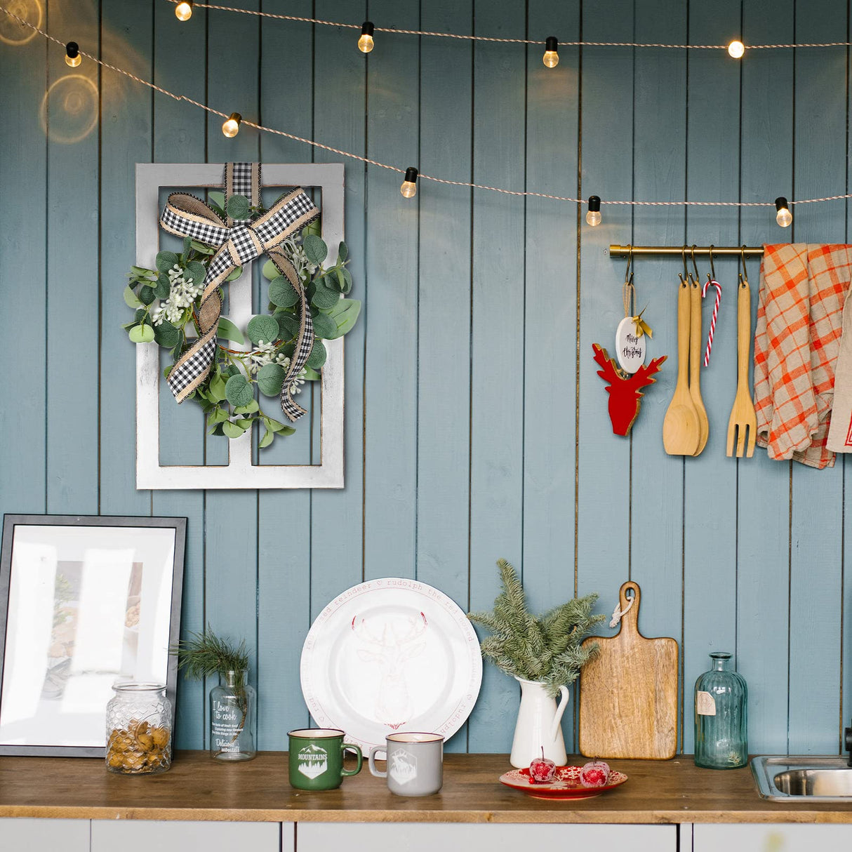 2 Pieces Farmhouse Wall Decor Wood Window Frame with Eucalyptus Wreath Rustic Farmhouse Decor Living Room Farmhouse Wall Art Plaid Bow Wood Window Decor Wooden Wall Pediments, 13. 8 x 8.9 Inch, White Namalu