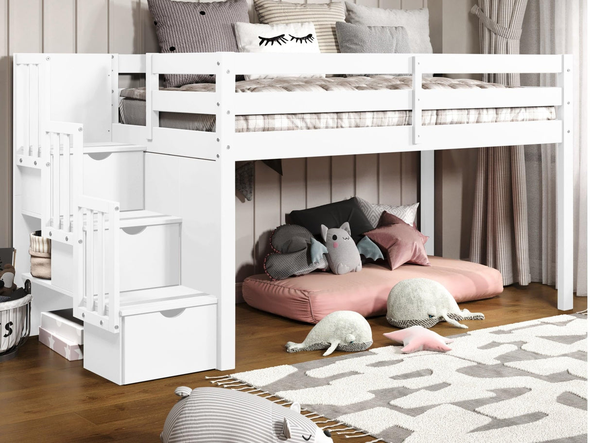 Bedz King Contemporary Low Loft Twin Bed with 3 Step-Stairway, White Bedz King
