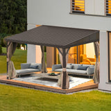 SHPAI 10’ x 12’ Lean to Gazebo, Outdoor Wall Mounted Gazebo Aluminum Frame, Hardtop Pergola with Galvanized Steel Sloping Roof for Patio Deck Garden Backyard, Curtain and Netting Included SHPAI