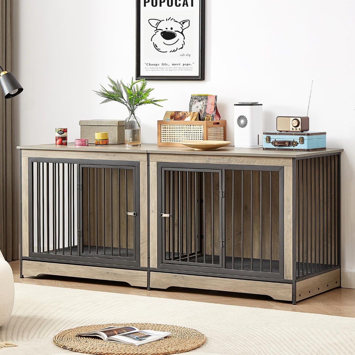 DOSSMBOLA 75'' Large Dog Crate Furniture for Large Dog or 2 Medium Dogs, Wooden Dog Kennel Dog Crate with Pull Out Tray and Removable Divider, TV Stand XXL Dog Cage - Gray - WoodArtSupply