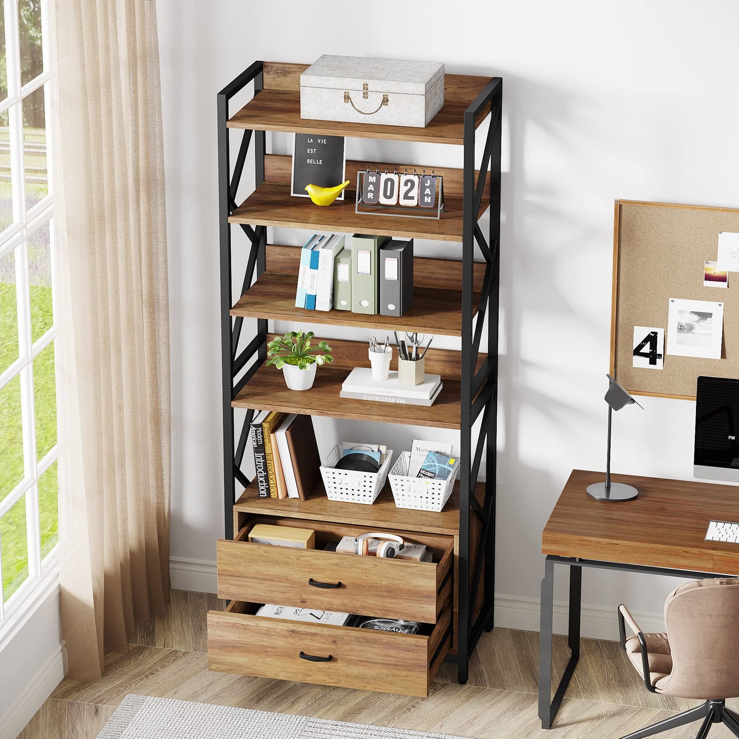 Tribesigns Rustic Brown 70.8" Industrial Bookshelf with 2 Drawers and 5 Open Shelves - WoodArtSupply