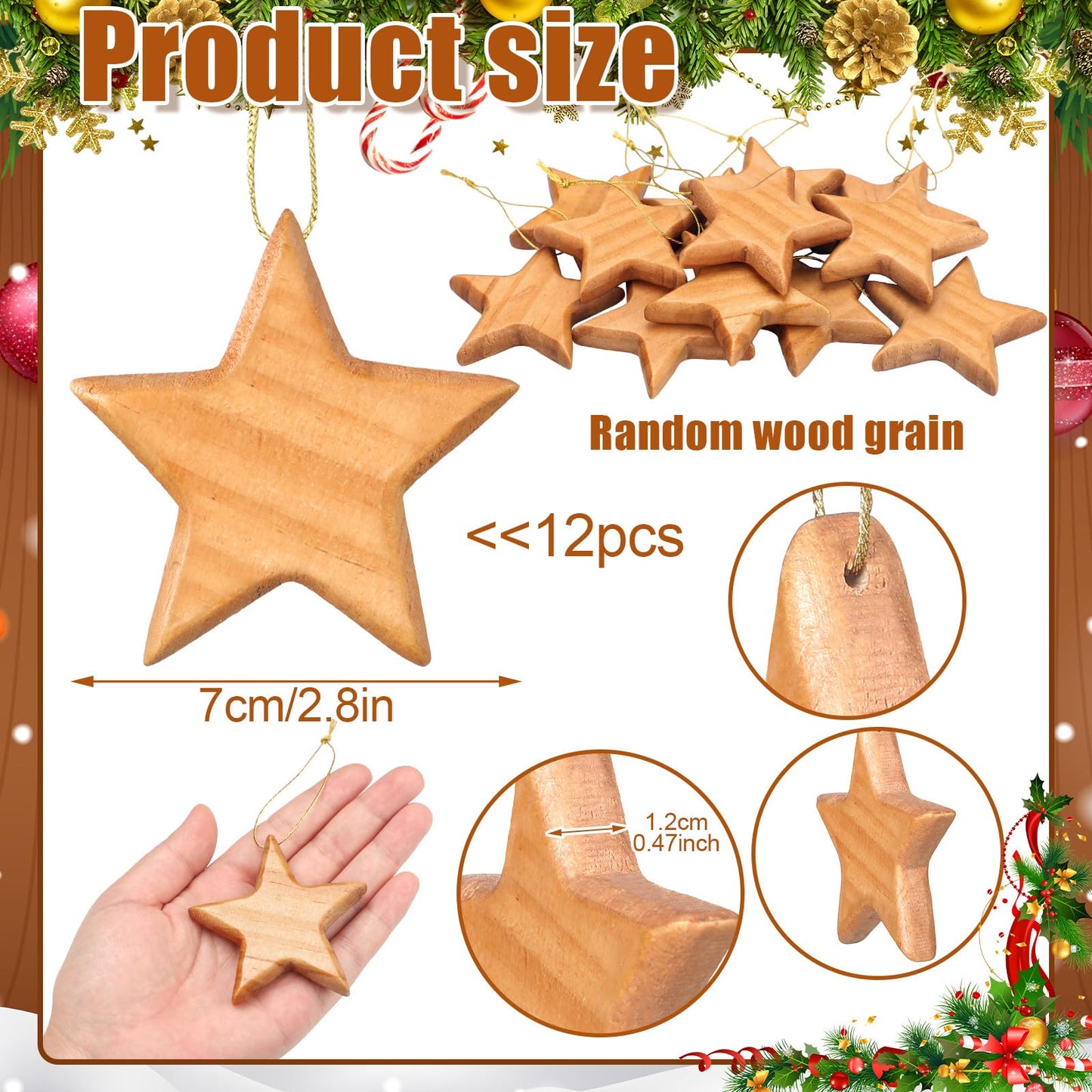 Henoyso 12 Pcs Handcrafted Wood Star Ornaments Star Hanging Christmas Tree Ornaments 2.8" Wood Star Christmas Hanging Decorations for Christmas Tree Winter New Year Party Supplies