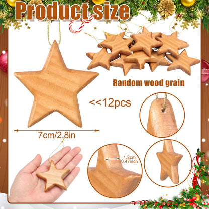 Henoyso 12 Pcs Handcrafted Wood Star Ornaments Star Hanging Christmas Tree Ornaments 2.8" Wood Star Christmas Hanging Decorations for Christmas Tree Winter New Year Party Supplies