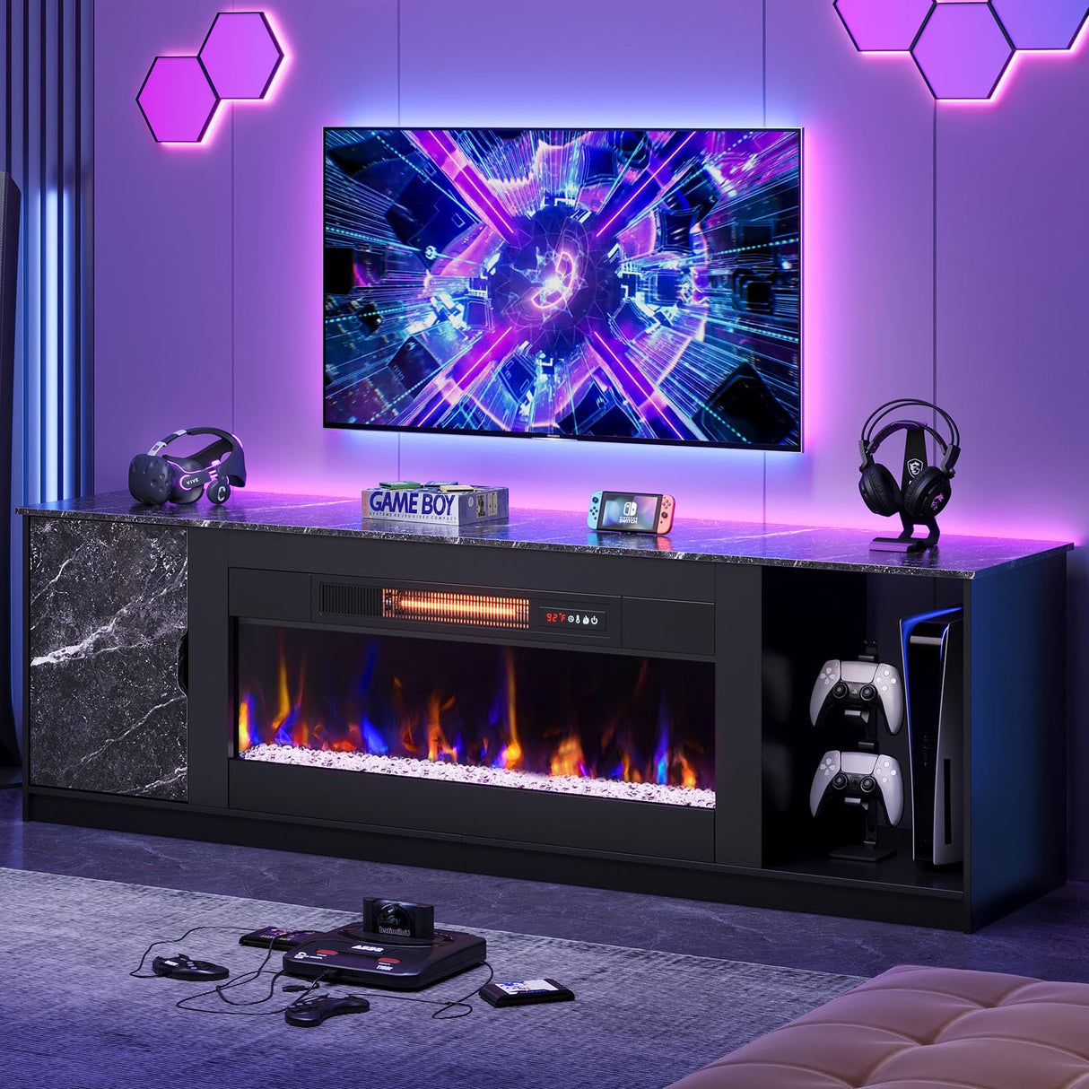 Bestier 70" Fireplace TV Stand for 80" TV with Storage Cabinet, Modern PS5 Entertainment Center with 36" Electric Fireplace, Open Storage Shelve for Living Room Black Marble Bestier