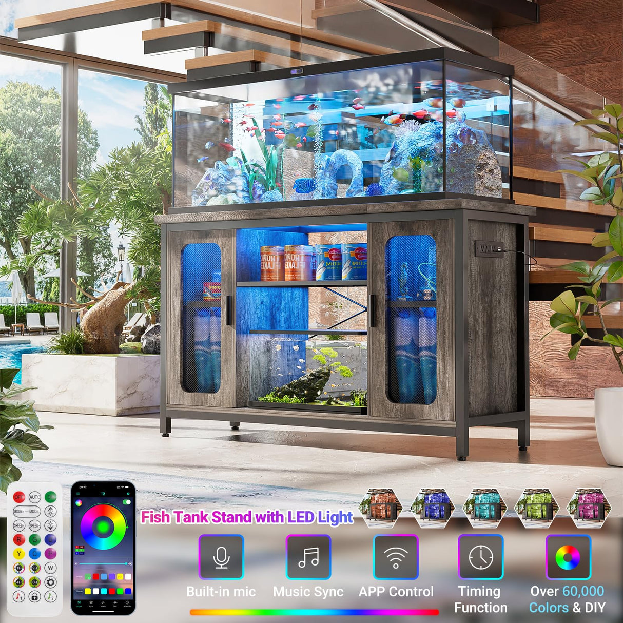 Unikito Reptile Tank Stand Fish Tank Stand with Power Outlets & LED Light, 55-75 Gallon Reversible Terrarium Stand with Cabinet, Metal Aquarium Stand for Reptile Terrarium, Turtle Tank, Black Oak Unikito