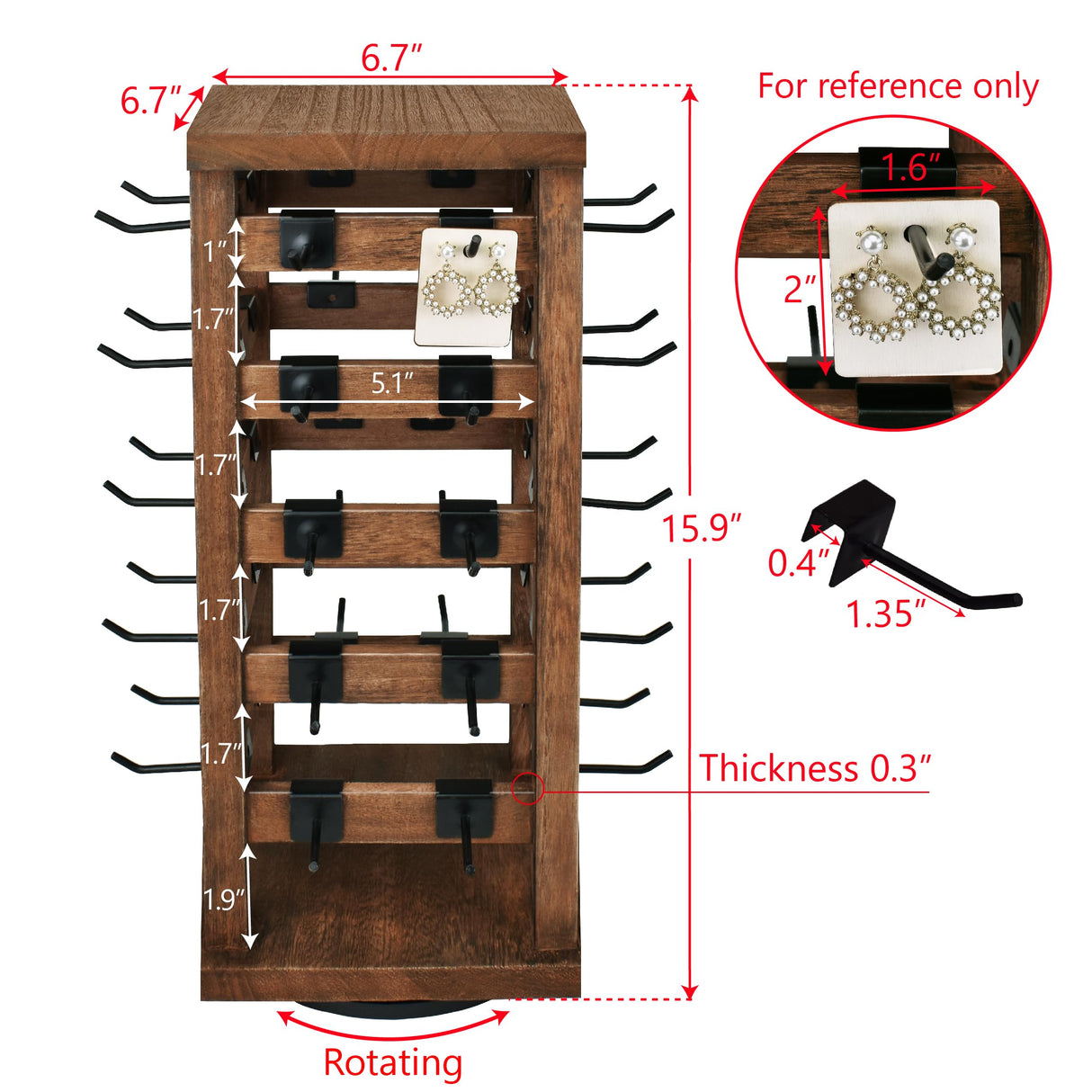 Ikee Design 5 Tiers Easy Assemble Wood Rotating Jewelry Display Tower with 42 Removable Hooks,Spinning Earring Card Storage Display Stand for Store, Showcase, Tradeshow and Home,Brown Color Ikee Design