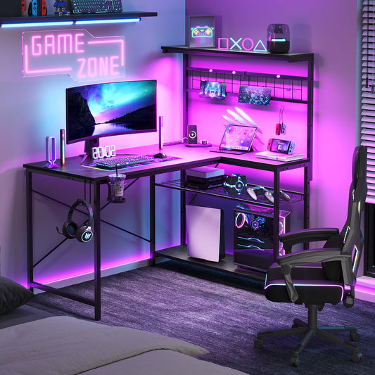 Bestier 42 L Gaming Desk,Computer Desk with Power Outlets, LED Lights, Reversible Corner Desk with 4-Tier Shelves,Cup Holder & Hook Black Marble - WoodArtSupply