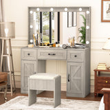 INTERGREAT 57" Makeup Vanity Desk with Large Mirror and 10 LED Lights,Farmhouse Vanity Table with Power Outlet & 5 Drawers,3 Lighting Color Adjustable,Dressing Table for Bedroom,Dressing Room,Grey INTERGREAT