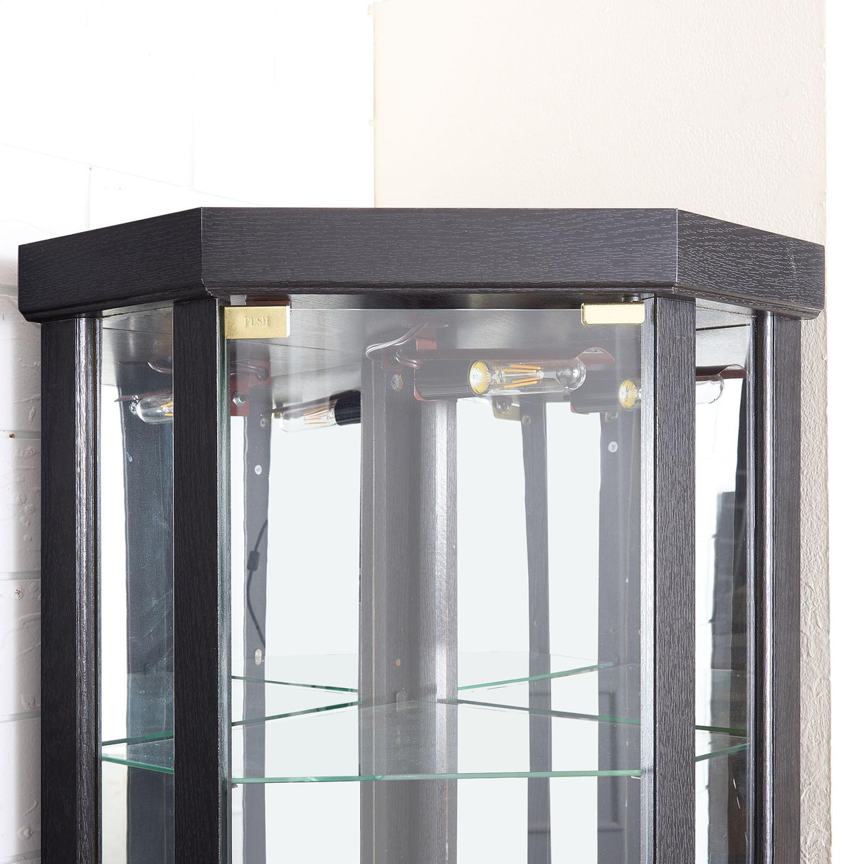 Lighted Corner Display Curio Cabinet Wooden Shelving Unit with Tempered Glass Door, Bar and Liquor Storage Area with 4 Shelves, Wine Cabinet，Black CQSXDA