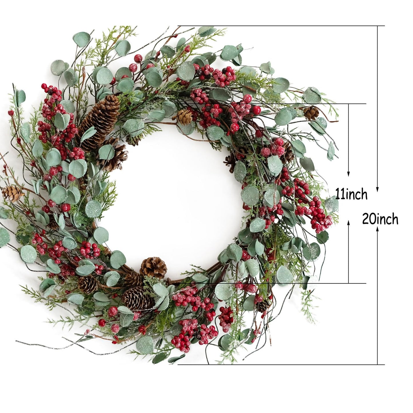 Bibelot 20 inches Red Berry with Pine Cones Wreath Christmas Wreath for Front Door Wreath Artificial Green Leaves Festival Decor Wreath Farmhouse Rustic Winter Home Wall Windows Decor (Red) …