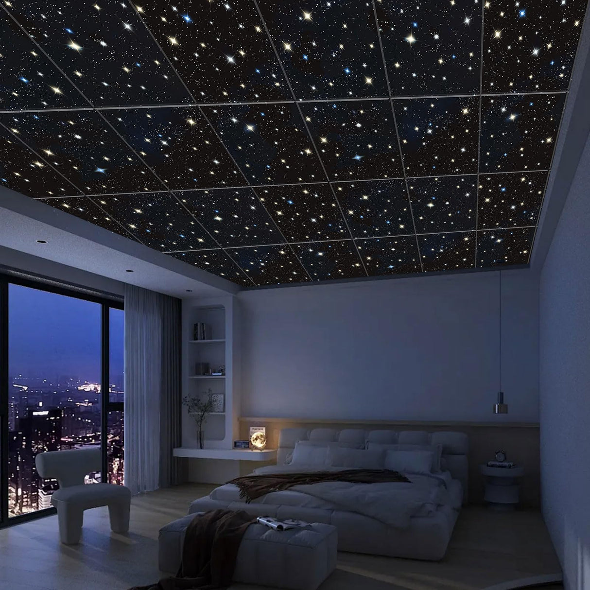 JBER Acoustic Panels, Self-Adhesive Soundproof Wall Art Painting with Fiber Optic Starlight Flashes, Celling Decoration - Fire & Noise Proof for Studio, Office, Home (Starry Sky, 72" × 48", 6Pcs) JBER