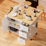 HiDSLiving Kitchen Island 54" Large Rolling Kitchen Island Cart On Wheels with Drop Leaf 3 Drawers 1 Cabinet,Spice Towl Rack Mobile Kitchen Table with Storage, White HiDSLiving