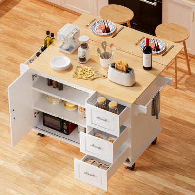HiDSLiving Kitchen Island 54" Large Rolling Kitchen Island Cart On Wheels with Drop Leaf 3 Drawers 1 Cabinet,Spice Towl Rack Mobile Kitchen Table with Storage, White