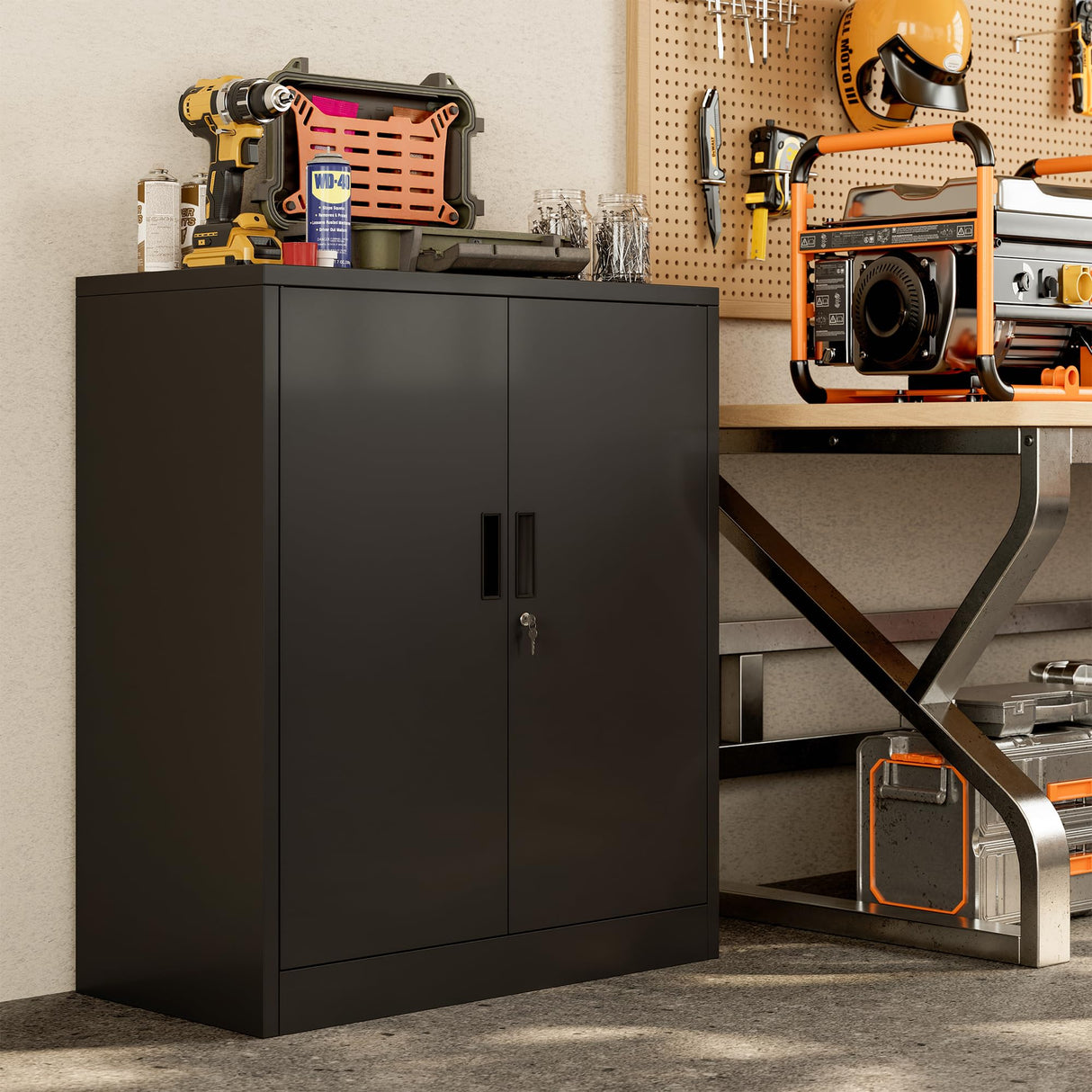 BESFUR Metal Garage Storage Cabinet 36"H, Steel Locking Cabinet with 2 Lockable Doors and 2 Adjustable Shelves easy to assemble for Home Office, Garage,School, Apartment, Warehouse, Utility Room,Black BESFUR