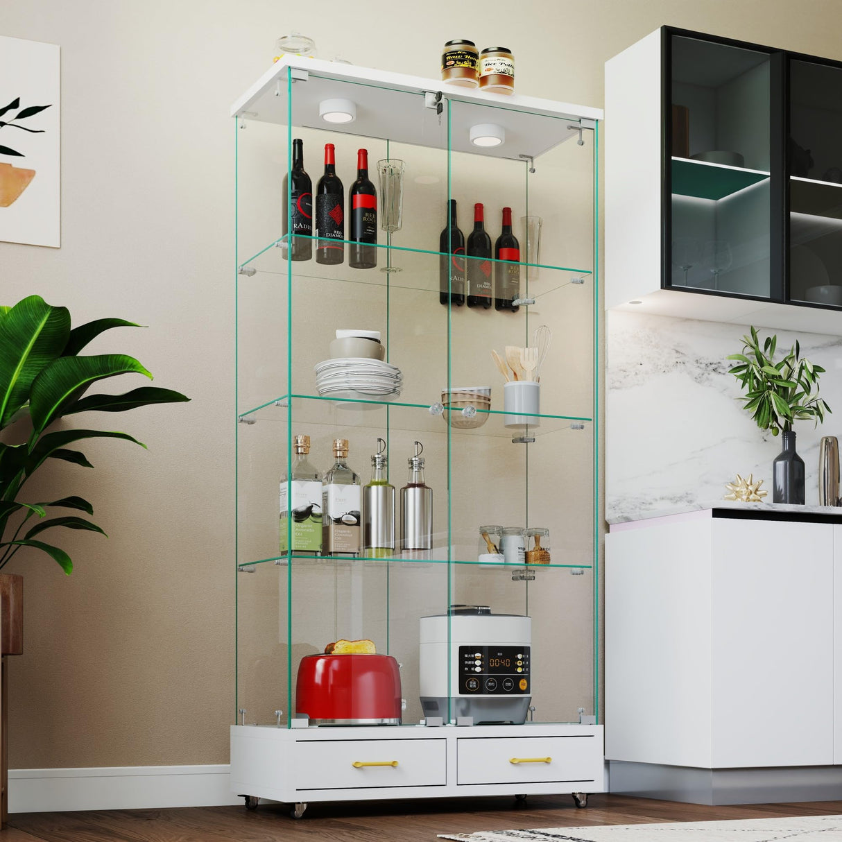 Nimaolt LED Glass Display Cabinet with 2 Door & 2 Drawer, 4-Shelf Curio Cabinet Tempered Glass Floor Standing Bookshelf with Wheels, White Storage Cabinet with Glass Doors for Collections Living Room Nimaolt