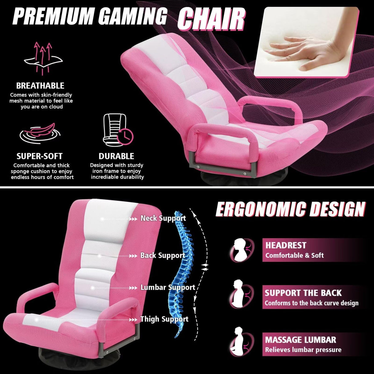 ACIPENSER Swivel Gaming Chair Multipurpose Floor Gaming Chair for Playing Video Games, TV, Reading w/Armrest Lumbar Support & 6 Adjustable Postion Backrest for Adults & Kids,Pink ACIPENSER