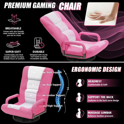 ACIPENSER Swivel Gaming Chair Multipurpose Floor Gaming Chair for Playing Video Games, TV, Reading w/Armrest Lumbar Support & 6 Adjustable Postion Backrest for Adults & Kids,Pink