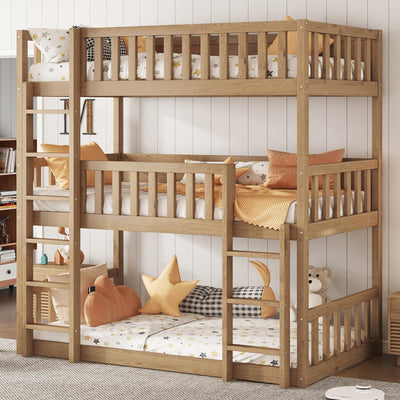 Luckiofvonne Triple bunk Bed, Twin Over Twin Over Twin Bunk Beds, Rubber Wood Bunk Bed for 3 Kids, 3-Layer Bunk Bed Can Convertible Into Platform Beds/Loft Bed for Kids Boys Girls, White Oak