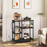 HOOBRO Bakers Rack with Power Outlet, Microwave Stand with 5 S-Shaped Hooks, Coffee Bar, Kitchen Storage Shelf, for Kitchen, Living Room, Black BB07UHB01 HOOBRO