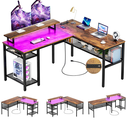 Unikito 55 Inch Reversible L Shaped Desk with Power Outlets and RGB Smart LED Strip, Rustic Brown - WoodArtSupply