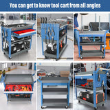 AIRAJ 3 Tier Rolling Tool Cart,Mechanic Tool Cart on Wheels,Industrial Utility Cart with Drawers and Pegboard,440 LBS Capacity Tool Storage Cart for Garage,Warehouse,Blue AIRAJ