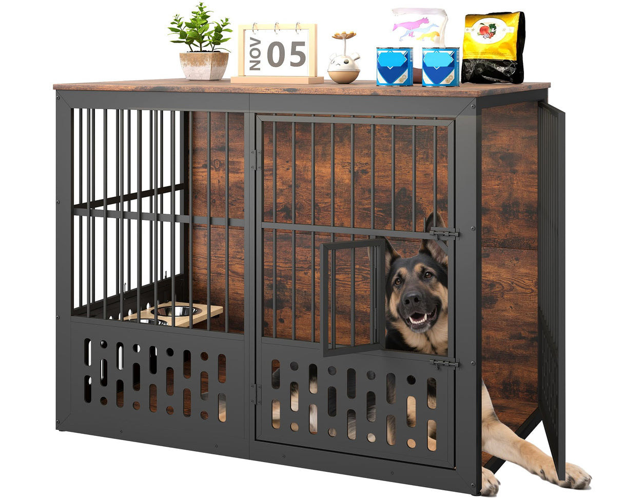 Yafylly 48 Inch XXL Dog Crate Furniture, Wooden Chewproof Dog Kennel with Interactive Window, 360° Adjustable Bowls (5 Heights), Storage Table Top, Heavy Duty XL Dog Crate for Medium Large Dogs, Brown Yafylly