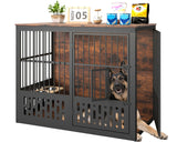 Yafylly 48 Inch XXL Dog Crate Furniture, Wooden Chewproof Dog Kennel with Interactive Window, 360° Adjustable Bowls (5 Heights), Storage Table Top, Heavy Duty XL Dog Crate for Medium Large Dogs, Brown Yafylly