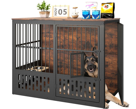 Yafylly 48 Inch XXL Dog Crate Furniture, Wooden Chewproof Dog Kennel with Interactive Window, 360° Adjustable Bowls (5 Heights), Storage Table Top, Heavy Duty XL Dog Crate for Medium Large Dogs, Brown Yafylly