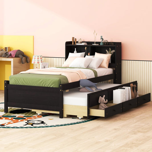 Harper & Bright Designs Espresso Twin Bed with Trundle, Storage Drawers, Bookcase Headboard & USB Ports - WoodArtSupply