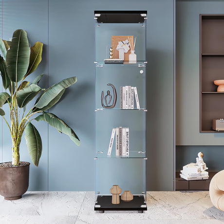 Beauty4U Glass Display Cabinet with 4 Shelves, Curio Cabinets for Living Room, Bedroom, Office, Black Floor Standing Glass Bookshelf, Quick Installation Beauty4U