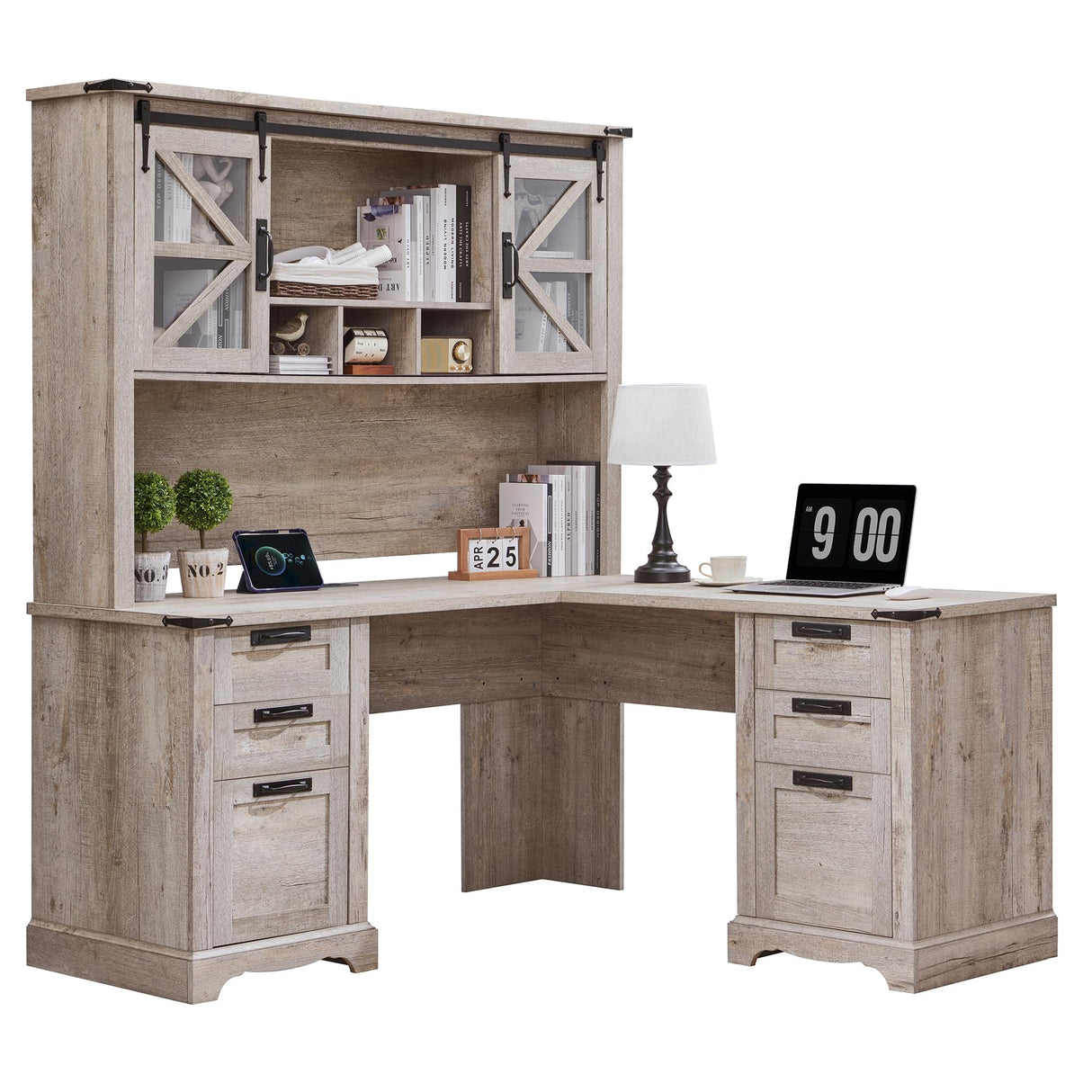 RedLemon 60" Farmhouse L Shaped Desk with Hutch, Wood Home Office Executive Desk with Drawer, Charging Station, File Drawer, Storage Cabinet, Rustic Writing Computer Desk (Light Rustic Oak) RedLemon