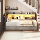 RALGEND Corner Bed Frame with Bookcase Storage and PU Upholstered, Twin Daybed with 2 Drawers and Charging Station, Metal Platform Bed Fram for Living Room, Bedroom, Guest Room, Gray and Black RALGEND