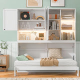 Twin Horizontal Murphy Bed with Storage Cabinet, LED Light and Charging Station,Wood Folding Murphy Wall Bed Cabinet with Bookcase and Shelves for Adult (White) MERITLINE