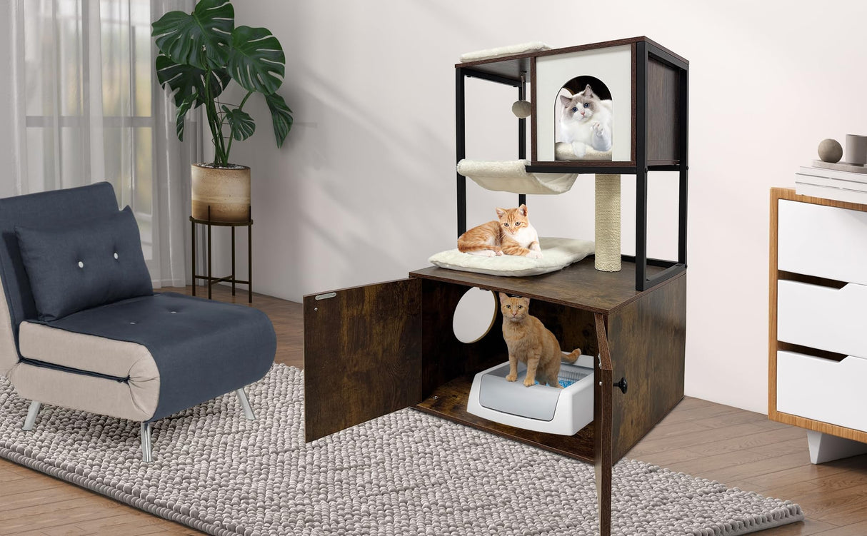 Cat Tree with Litter Box Enclosure | Modern Cat Tower with Condo, Hammock, Scratching Post, and Hanging Ball | Indoor Wooden Pet House with Removable Washable Cushions Hipicute