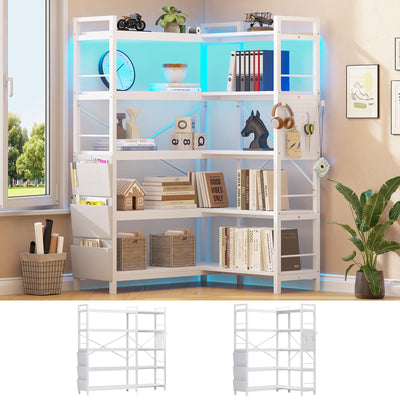 SEDETA 5 Tier Corner Bookshelf, Modern Corner Bookcase, Convertible Bookshelf with Storage Bag, Pegboard & LED Light, Tall Bookshelves for Bedroom, Living Room and Home Office, White